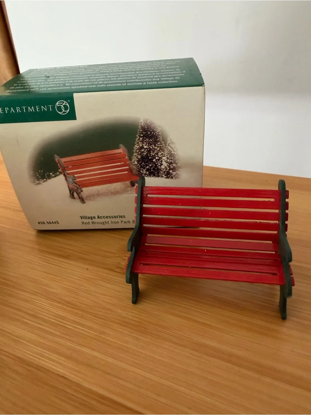 Vintage Department 56 Miniature Red Wrought Iron Park Bench Green Sides. 1999